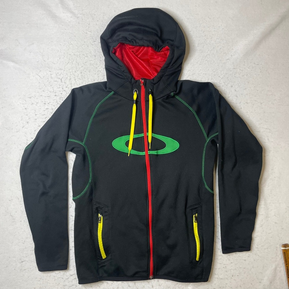 Oakley Full Zip Hoodie Mens Large Black Green Red Yellow  Fleece Lined Jacket